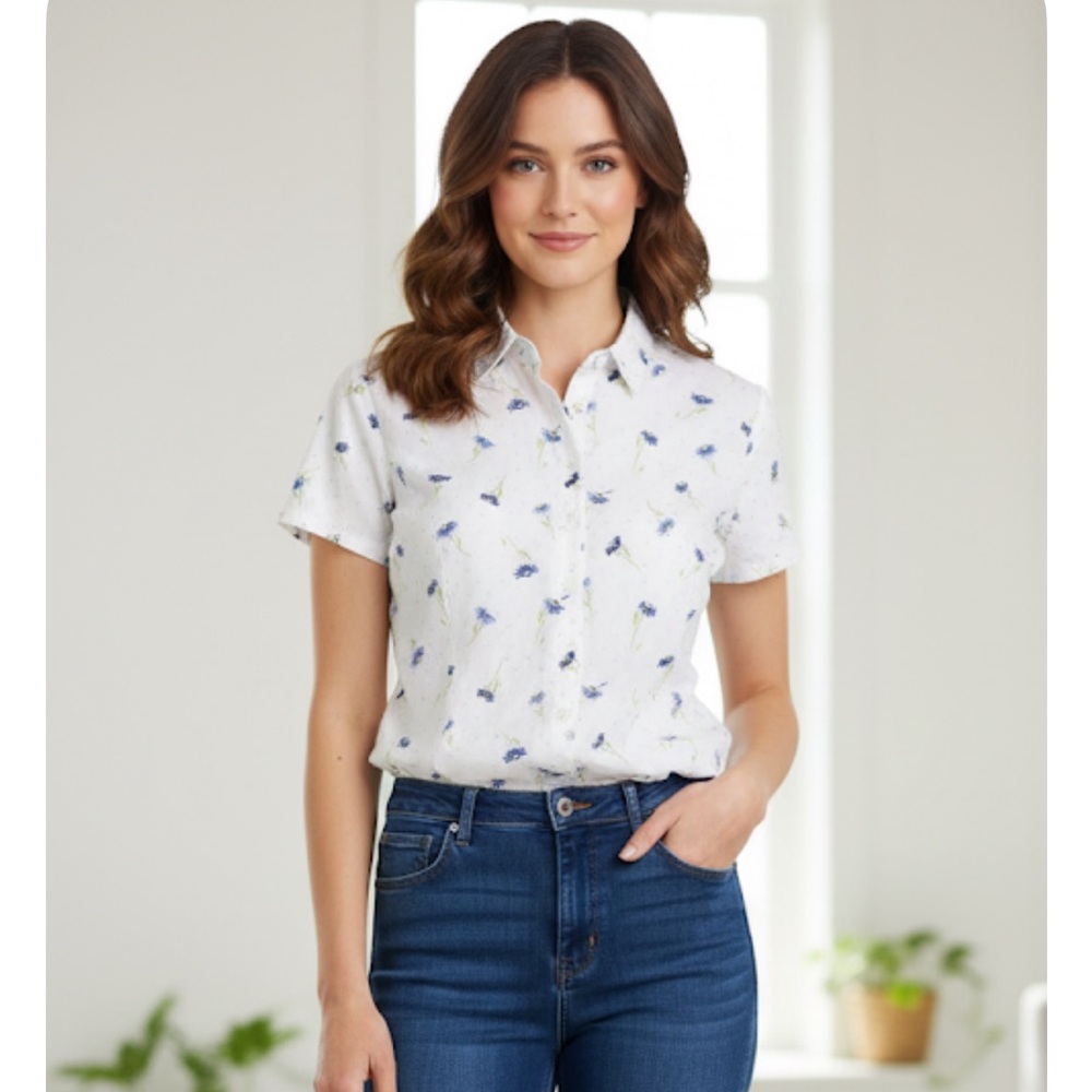 LIZ CLAIBORNE Floral Button-Up Shirt, Women’s Petite Size L, White Blue